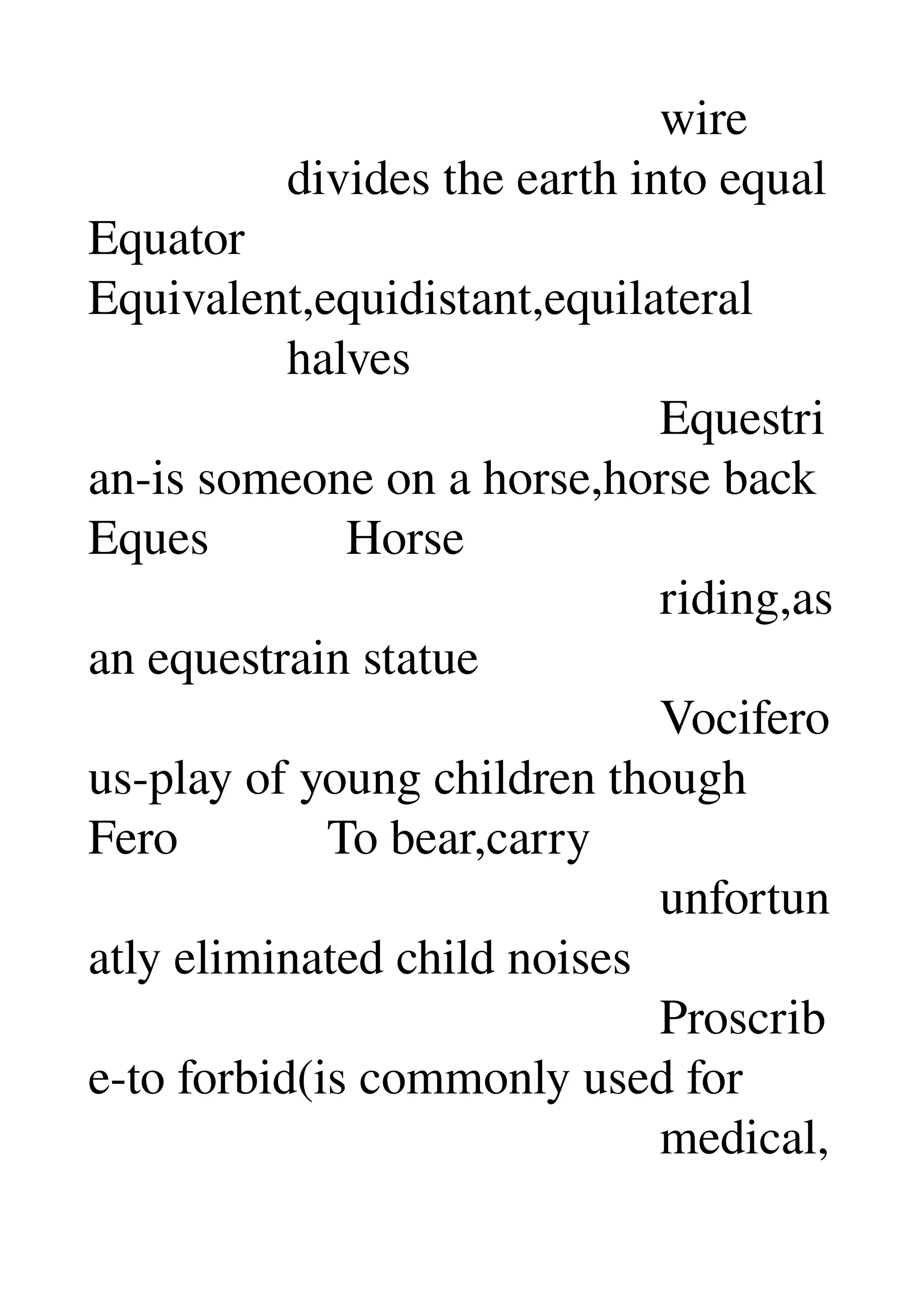                                               wire 
                divides the earth into equal 
Equator 
Equivalent,equidistant,equilateral 
                halves 
                                              Equestri
an­is someone on a horse,horse back 
Eques           Horse 
                                              riding,as 
an equestrain statue 
                                              Vocifero
us­play of young children though 
Fero            To bear,carry 
                                              unfortun
atly eliminated child noises 
                                              Proscrib
e­to forbid(is commonly used for 
                                              medical,
 