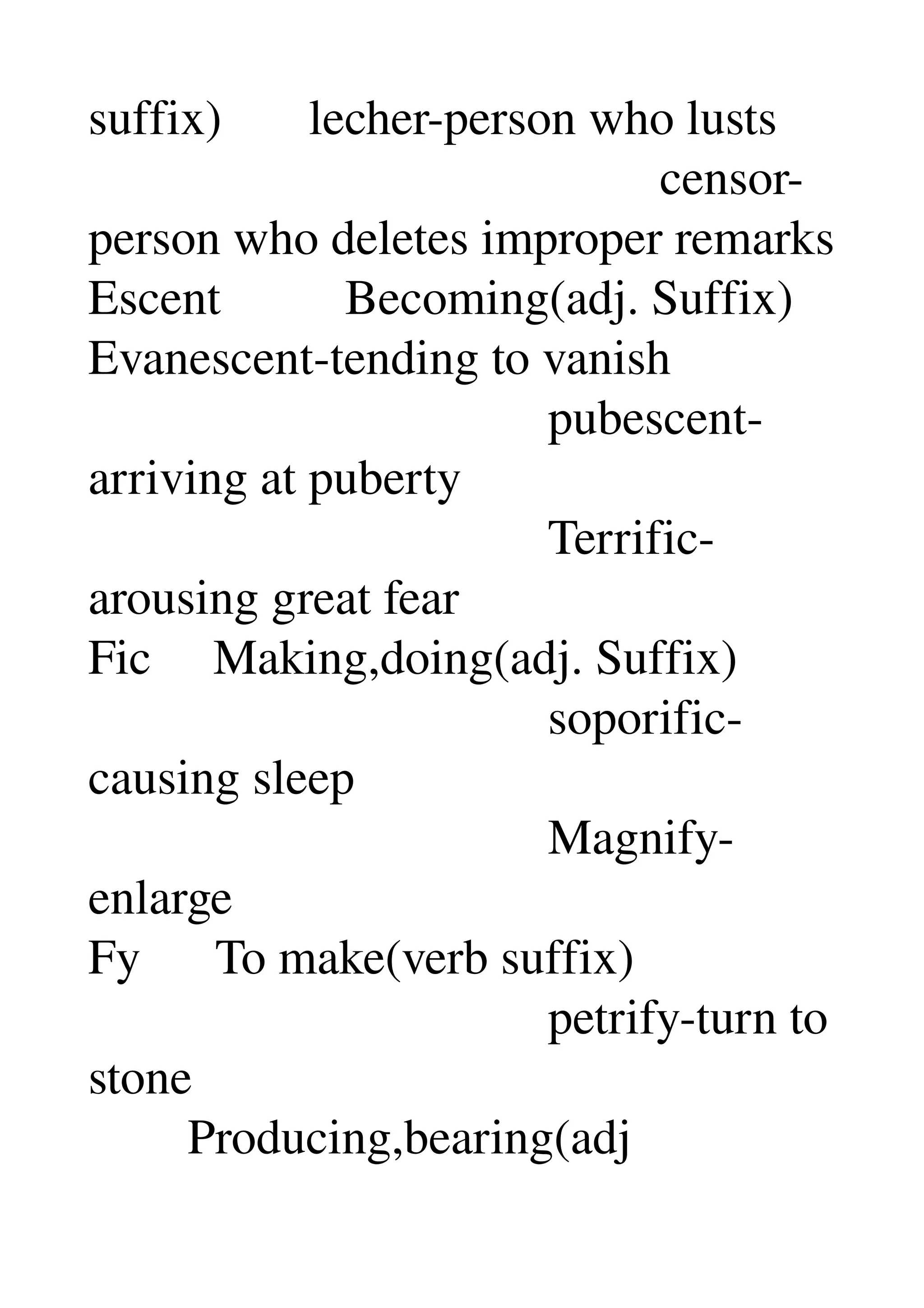 suffix)       lecher­person who lusts 
                                              censor­
person who deletes improper remarks 
Escent          Becoming(adj. Suffix) 
Evanescent­tending to vanish 
                                     pubescent­
arriving at puberty 
                                     Terrific­
arousing great fear 
Fic     Making,doing(adj. Suffix) 
                                     soporific­
causing sleep 
                                     Magnify­
enlarge 
Fy      To make(verb suffix) 
                                     petrify­turn to 
stone 
        Producing,bearing(adj 
 