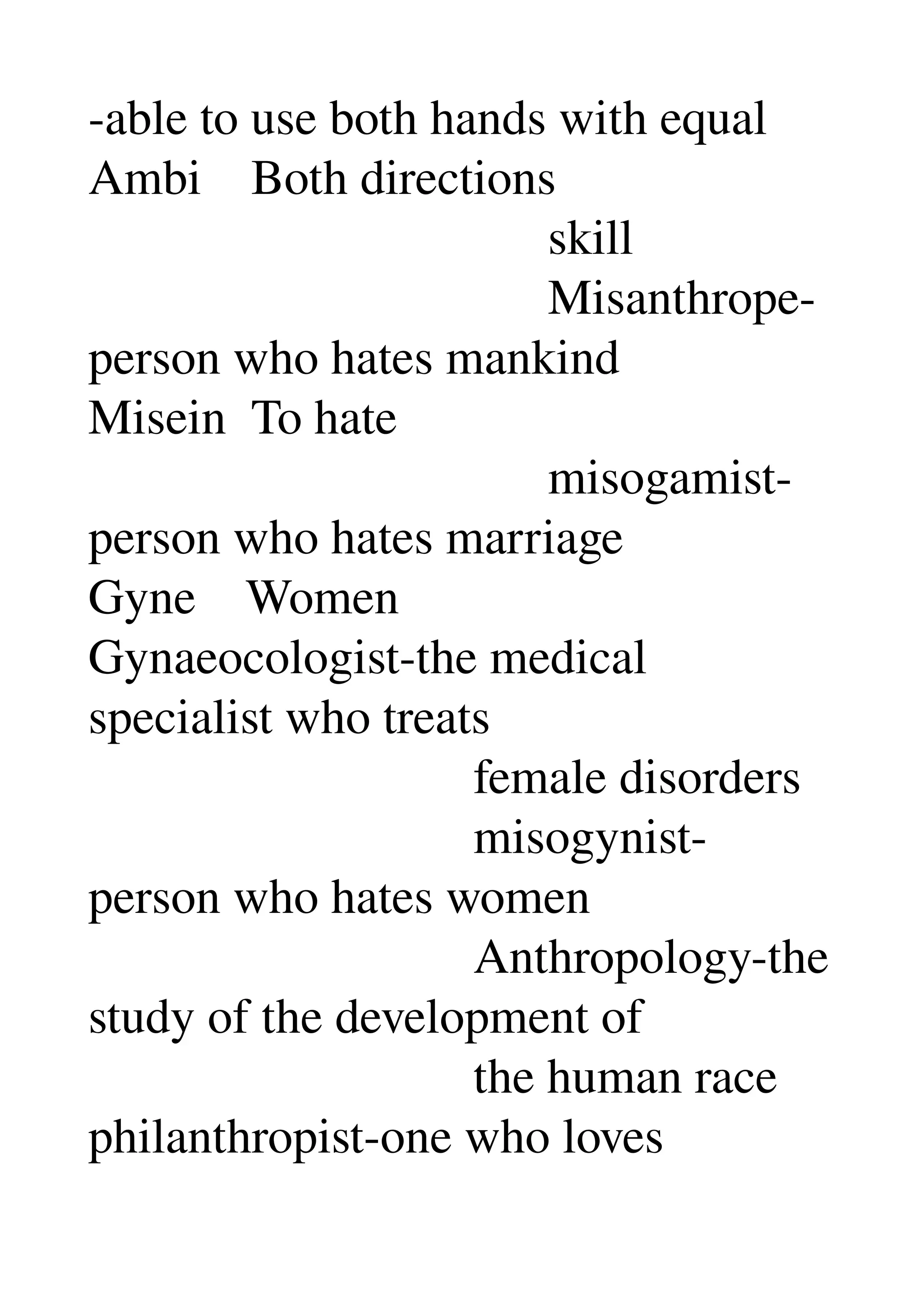 ­able to use both hands with equal 
Ambi    Both directions 
                                     skill 
                                     Misanthrope­
person who hates mankind 
Misein  To hate 
                                     misogamist­
person who hates marriage 
Gyne    Women 
Gynaeocologist­the medical 
specialist who treats 
                               female disorders 
                               misogynist­
person who hates women 
                               Anthropology­the 
study of the development of 
                               the human race 
philanthropist­one who loves 
 