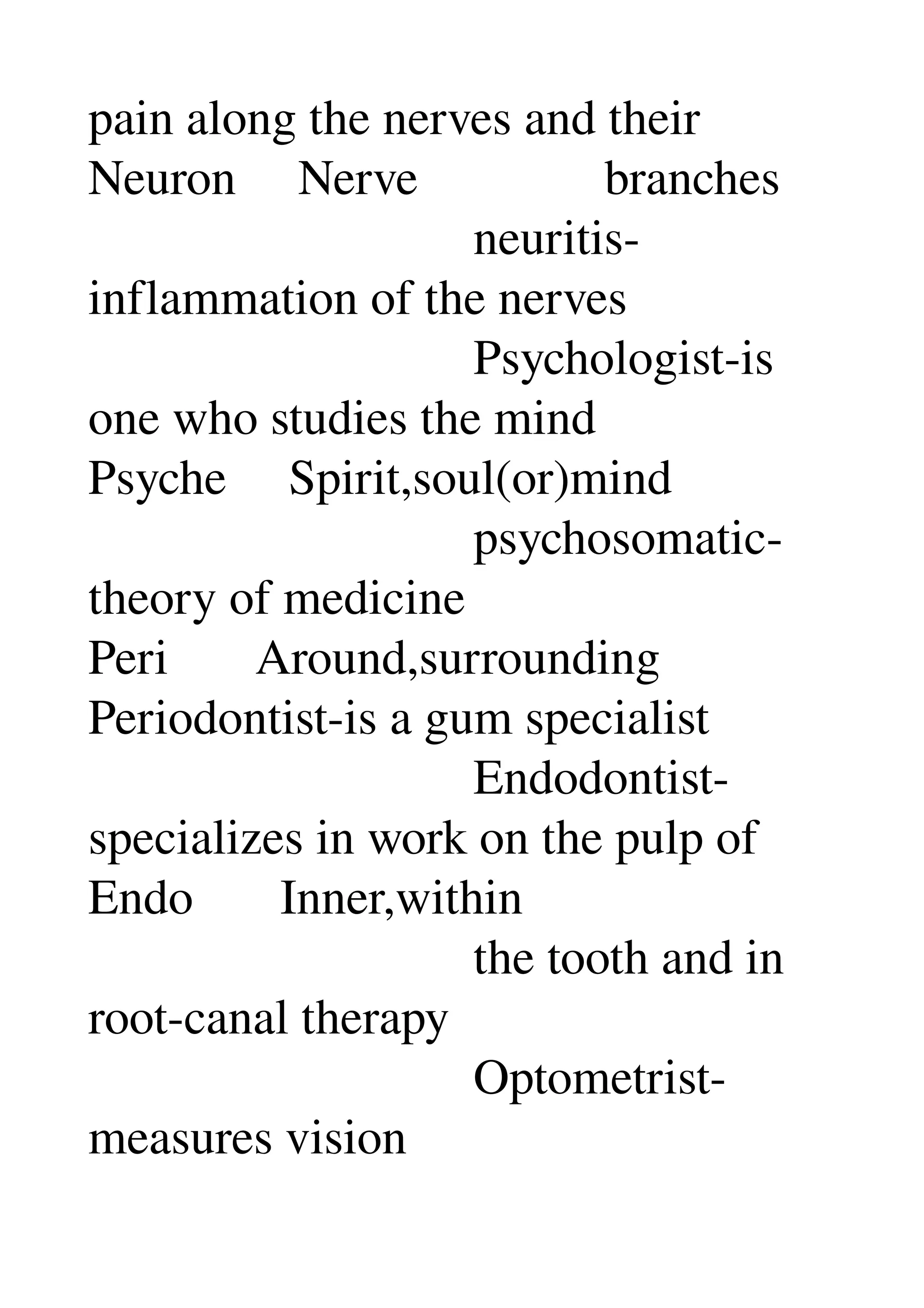 pain along the nerves and their 
Neuron     Nerve               branches 
                               neuritis­
inflammation of the nerves 
                               Psychologist­is 
one who studies the mind 
Psyche     Spirit,soul(or)mind 
                               psychosomatic­
theory of medicine 
Peri       Around,surrounding 
Periodontist­is a gum specialist 
                               Endodontist­
specializes in work on the pulp of 
Endo       Inner,within 
                               the tooth and in 
root­canal therapy 
                               Optometrist­
measures vision 
 