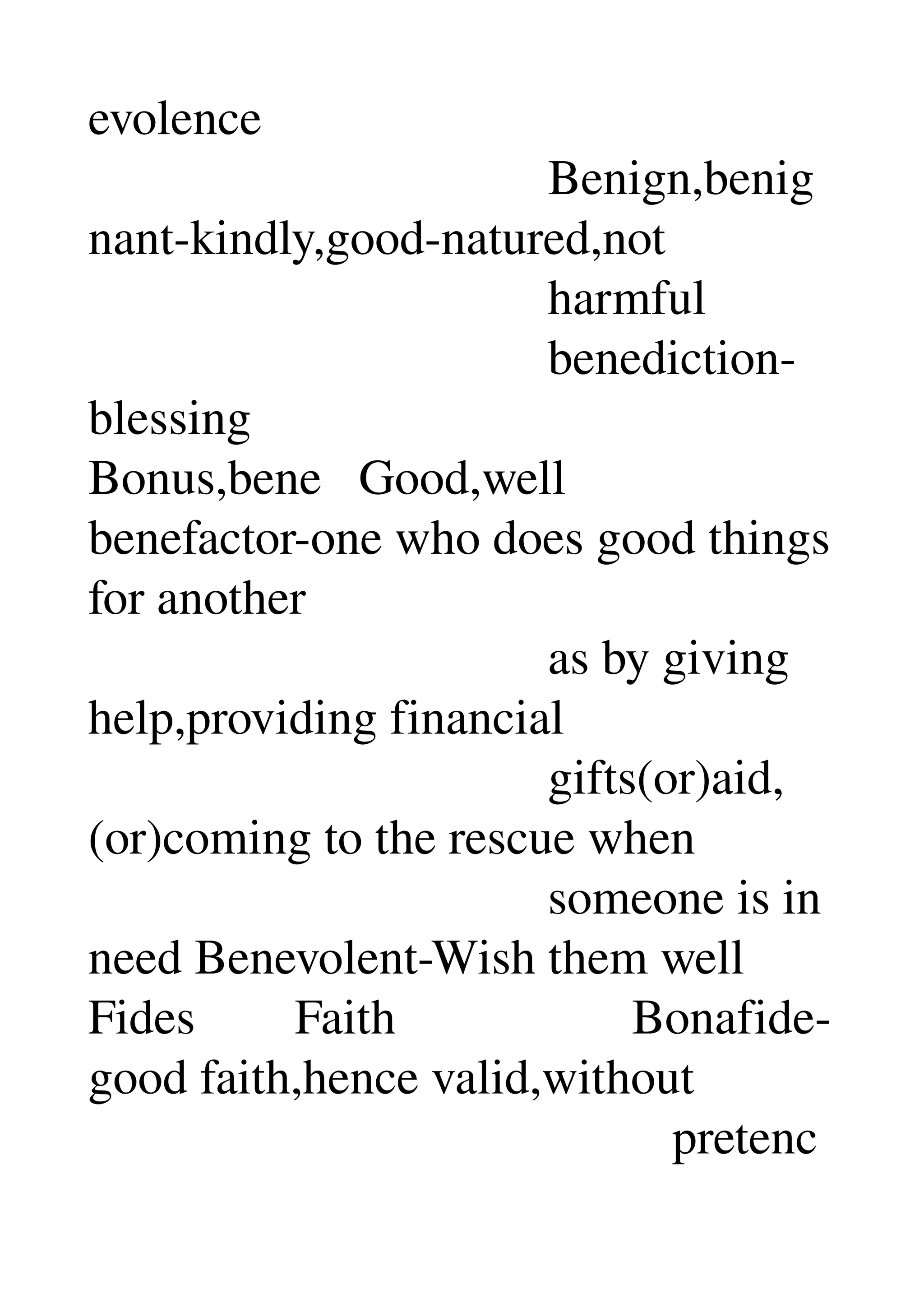 evolence 
                                     Benign,benig
nant­kindly,good­natured,not 
                                     harmful 
                                     benediction­
blessing 
Bonus,bene   Good,well 
benefactor­one who does good things 
for another 
                                     as by giving 
help,providing financial 
                                     gifts(or)aid,
(or)coming to the rescue when 
                                     someone is in 
need Benevolent­Wish them well 
Fides        Faith                   Bonafide­
good faith,hence valid,without 
                                               pretenc
 