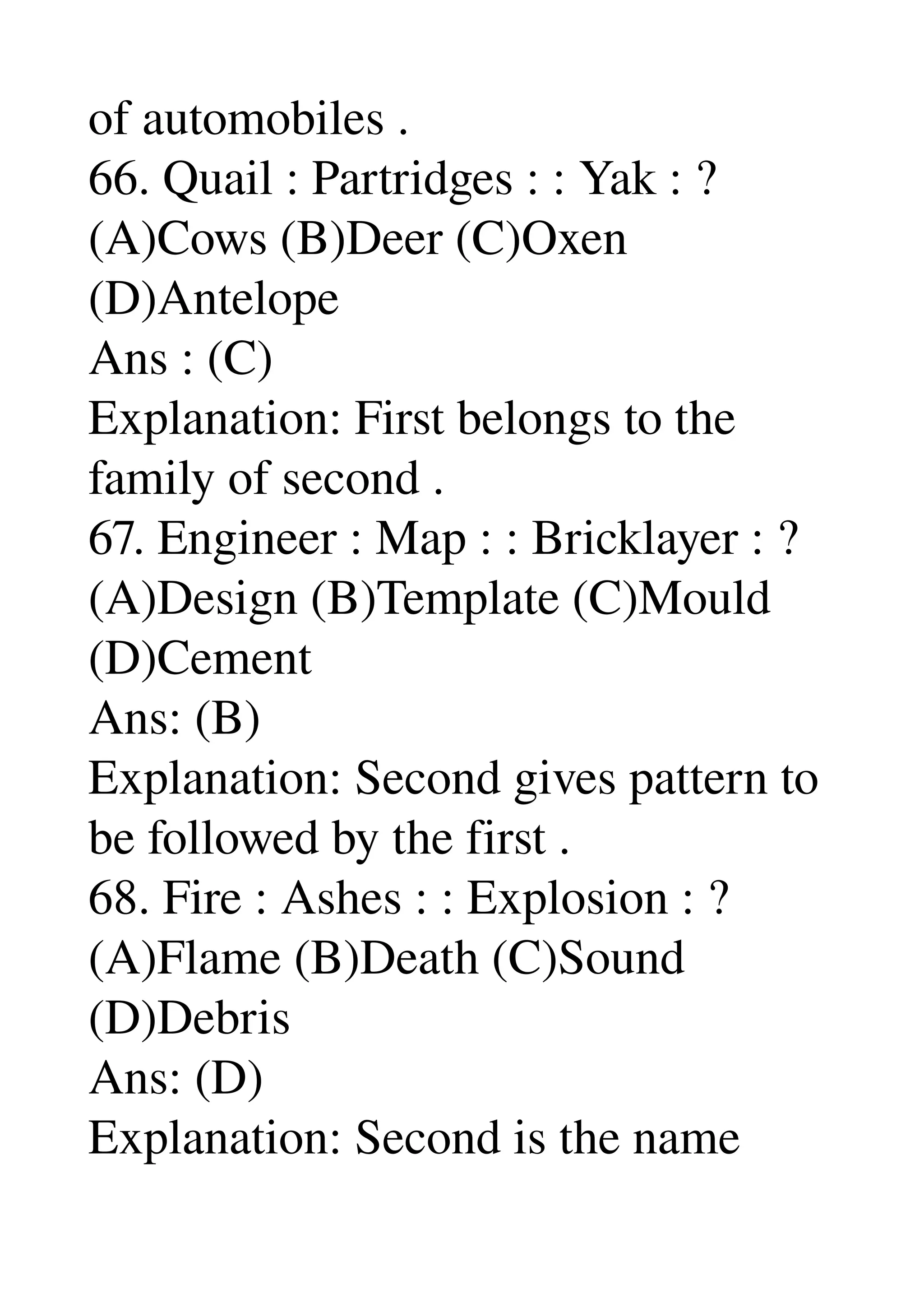 of automobiles . 
66. Quail : Partridges : : Yak : ? 
(A)Cows (B)Deer (C)Oxen 
(D)Antelope 
Ans : (C) 
Explanation: First belongs to the 
family of second . 
67. Engineer : Map : : Bricklayer : ? 
(A)Design (B)Template (C)Mould 
(D)Cement 
Ans: (B) 
Explanation: Second gives pattern to 
be followed by the first . 
68. Fire : Ashes : : Explosion : ? 
(A)Flame (B)Death (C)Sound 
(D)Debris 
Ans: (D) 
Explanation: Second is the name 
 