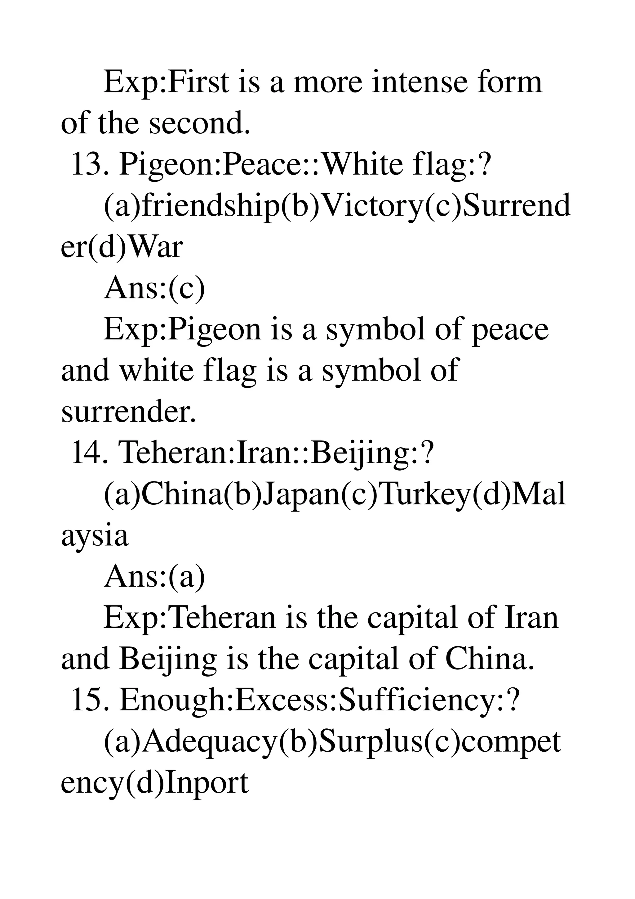      Exp:First is a more intense form 
of the second. 
 13. Pigeon:Peace::White flag:? 
     (a)friendship(b)Victory(c)Surrend
er(d)War 
     Ans:(c) 
     Exp:Pigeon is a symbol of peace 
and white flag is a symbol of 
surrender. 
 14. Teheran:Iran::Beijing:? 
     (a)China(b)Japan(c)Turkey(d)Mal
aysia 
     Ans:(a) 
     Exp:Teheran is the capital of Iran 
and Beijing is the capital of China. 
 15. Enough:Excess:Sufficiency:? 
     (a)Adequacy(b)Surplus(c)compet
ency(d)Inport 
 