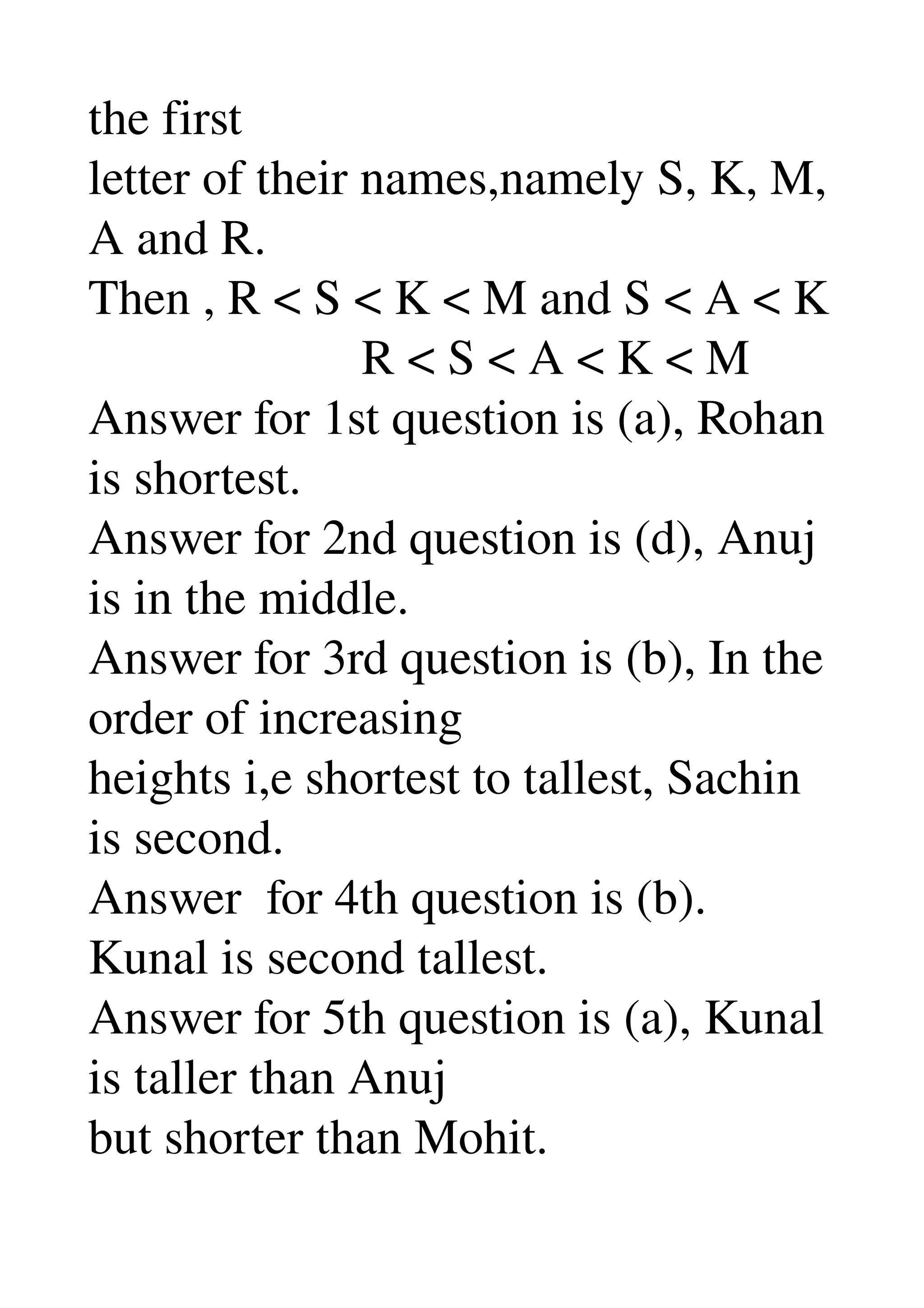 the first 
letter of their names,namely S, K, M, 
A and R. 
Then , R < S < K < M and S < A < K 
                      R < S < A < K < M 
Answer for 1st question is (a), Rohan 
is shortest. 
Answer for 2nd question is (d), Anuj 
is in the middle. 
Answer for 3rd question is (b), In the 
order of increasing 
heights i,e shortest to tallest, Sachin 
is second. 
Answer  for 4th question is (b). 
Kunal is second tallest. 
Answer for 5th question is (a), Kunal 
is taller than Anuj 
but shorter than Mohit. 
 