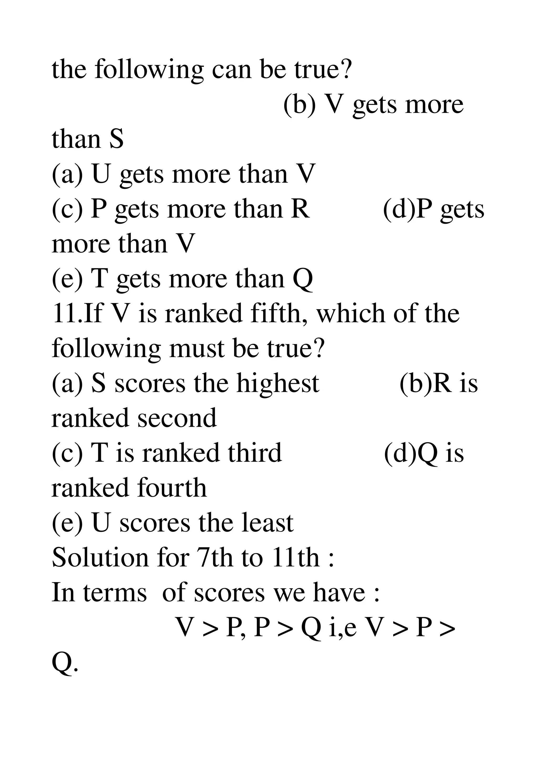 the following can be true? 
                                (b) V gets more 
than S 
(a) U gets more than V 
(c) P gets more than R          (d)P gets 
more than V 
(e) T gets more than Q 
11.If V is ranked fifth, which of the 
following must be true? 
(a) S scores the highest           (b)R is 
ranked second 
(c) T is ranked third              (d)Q is 
ranked fourth 
(e) U scores the least 
Solution for 7th to 11th : 
In terms  of scores we have : 
                 V > P, P > Q i,e V > P > 
Q. 
 