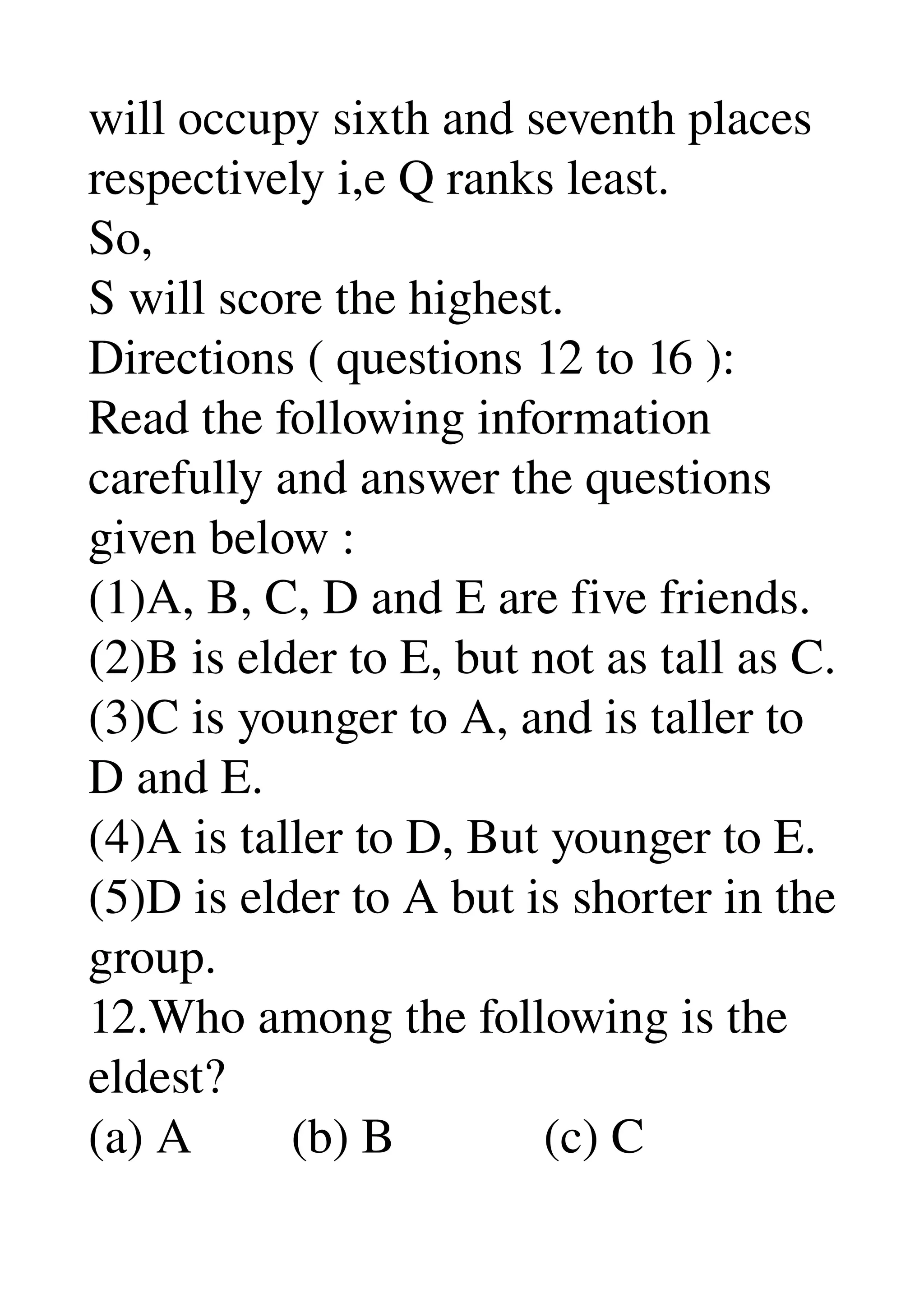 will occupy sixth and seventh places 
respectively i,e Q ranks least. 
So, 
S will score the highest. 
Directions ( questions 12 to 16 ): 
Read the following information 
carefully and answer the questions 
given below : 
(1)A, B, C, D and E are five friends. 
(2)B is elder to E, but not as tall as C. 
(3)C is younger to A, and is taller to 
D and E. 
(4)A is taller to D, But younger to E. 
(5)D is elder to A but is shorter in the 
group. 
12.Who among the following is the 
eldest? 
(a) A        (b) B            (c) C 
 