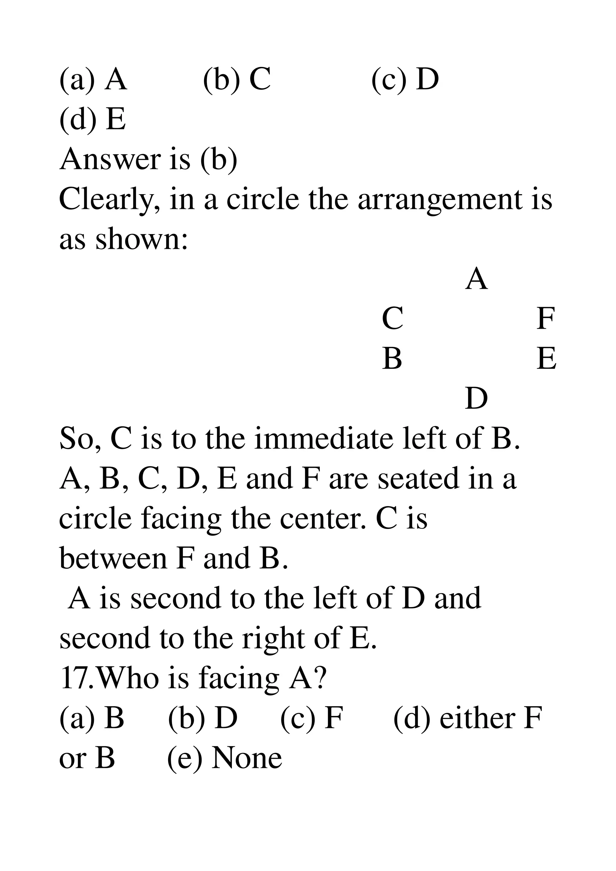 (a) A         (b) C            (c) D 
(d) E 
Answer is (b) 
Clearly, in a circle the arrangement is 
as shown: 
                                                 A 
                                       C                F 
                                       B                E 
                                                 D 
So, C is to the immediate left of B. 
A, B, C, D, E and F are seated in a 
circle facing the center. C is 
between F and B. 
 A is second to the left of D and 
second to the right of E. 
17.Who is facing A? 
(a) B     (b) D     (c) F      (d) either F 
or B      (e) None 
 