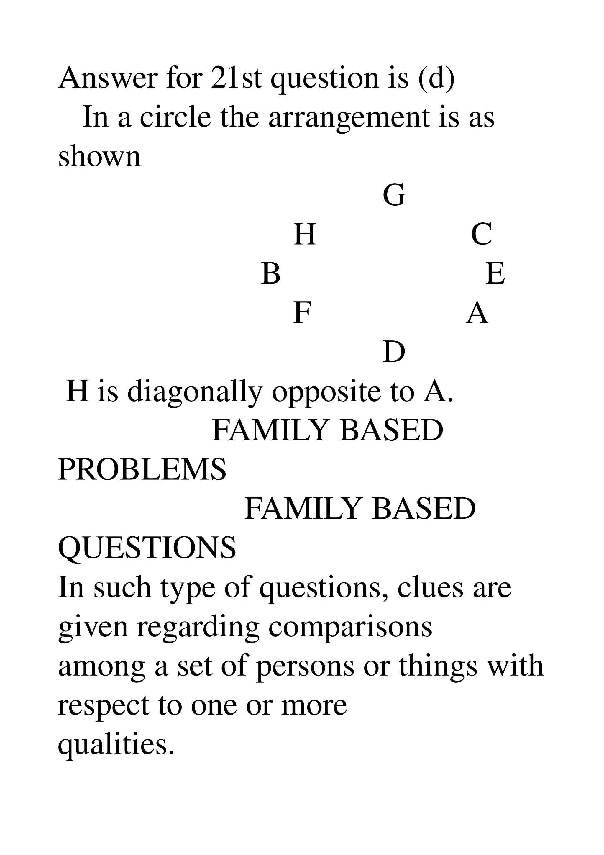 Answer for 21st question is (d) 
   In a circle the arrangement is as 
shown 
                                        G 
                             H                   C 
                         B                         E 
                             F                   A 
                                        D 
 H is diagonally opposite to A. 
                   FAMILY BASED 
PROBLEMS 
                       FAMILY BASED 
QUESTIONS 
In such type of questions, clues are 
given regarding comparisons 
among a set of persons or things with 
respect to one or more 
qualities. 
 