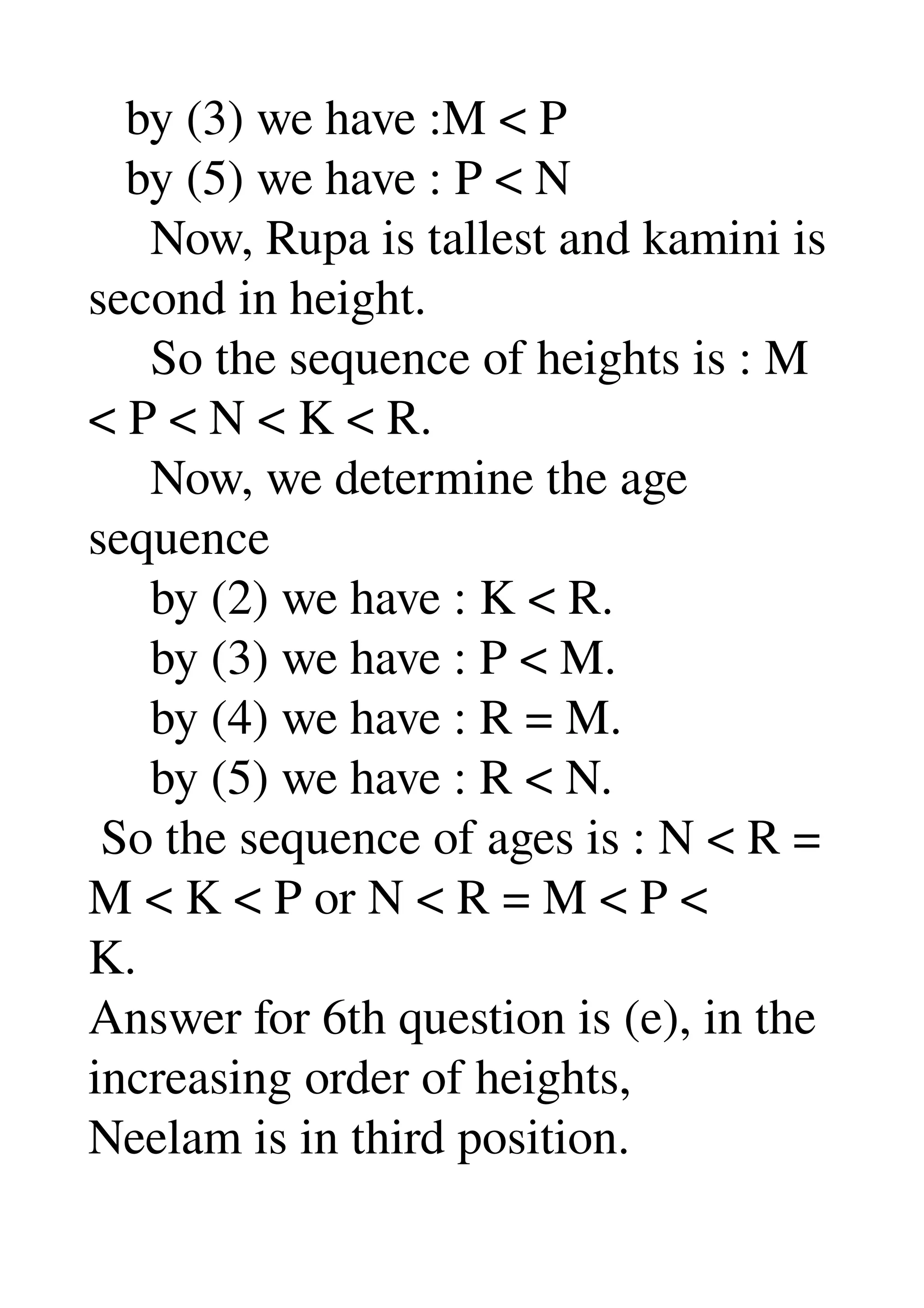    by (3) we have :M < P 
   by (5) we have : P < N 
     Now, Rupa is tallest and kamini is 
second in height. 
     So the sequence of heights is : M 
< P < N < K < R. 
     Now, we determine the age 
sequence 
     by (2) we have : K < R. 
     by (3) we have : P < M. 
     by (4) we have : R = M. 
     by (5) we have : R < N. 
 So the sequence of ages is : N < R = 
M < K < P or N < R = M < P < 
K. 
Answer for 6th question is (e), in the 
increasing order of heights, 
Neelam is in third position. 
 