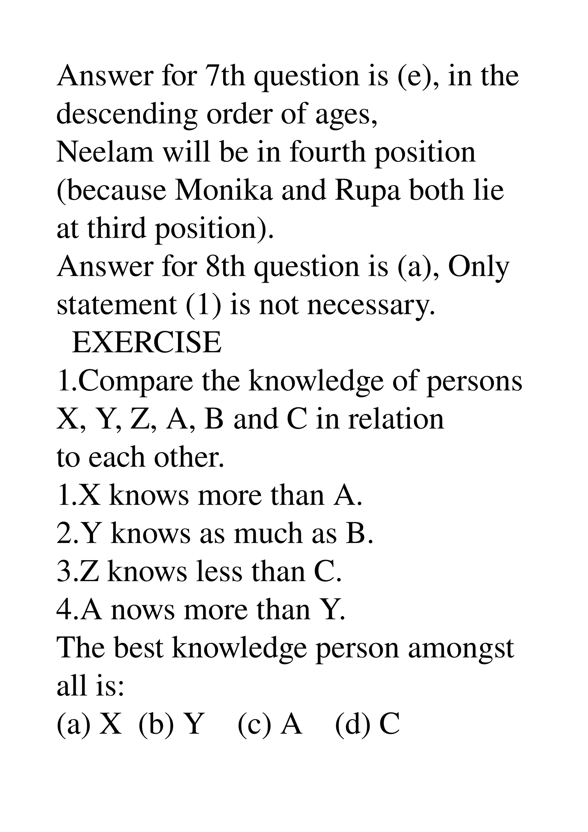 Answer for 7th question is (e), in the 
descending order of ages, 
Neelam will be in fourth position 
(because Monika and Rupa both lie 
at third position). 
Answer for 8th question is (a), Only 
statement (1) is not necessary. 
  EXERCISE 
1.Compare the knowledge of persons 
X, Y, Z, A, B and C in relation 
to each other. 
1.X knows more than A. 
2.Y knows as much as B. 
3.Z knows less than C. 
4.A nows more than Y. 
The best knowledge person amongst 
all is: 
(a) X  (b) Y    (c) A    (d) C 
 