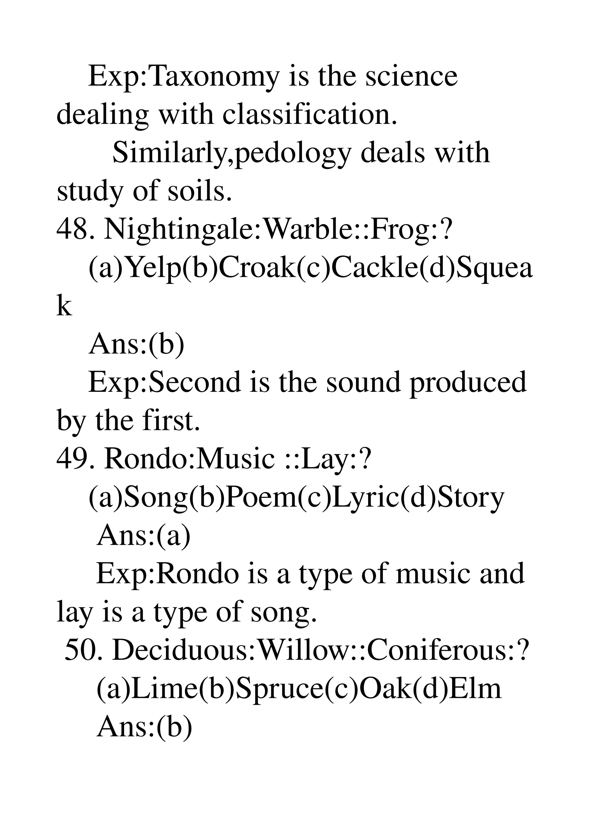     Exp:Taxonomy is the science 
dealing with classification. 
       Similarly,pedology deals with 
study of soils. 
48. Nightingale:Warble::Frog:? 
    (a)Yelp(b)Croak(c)Cackle(d)Squea
k 
    Ans:(b) 
    Exp:Second is the sound produced 
by the first. 
49. Rondo:Music ::Lay:? 
    (a)Song(b)Poem(c)Lyric(d)Story 
     Ans:(a) 
     Exp:Rondo is a type of music and 
lay is a type of song. 
 50. Deciduous:Willow::Coniferous:? 
     (a)Lime(b)Spruce(c)Oak(d)Elm 
     Ans:(b) 
 