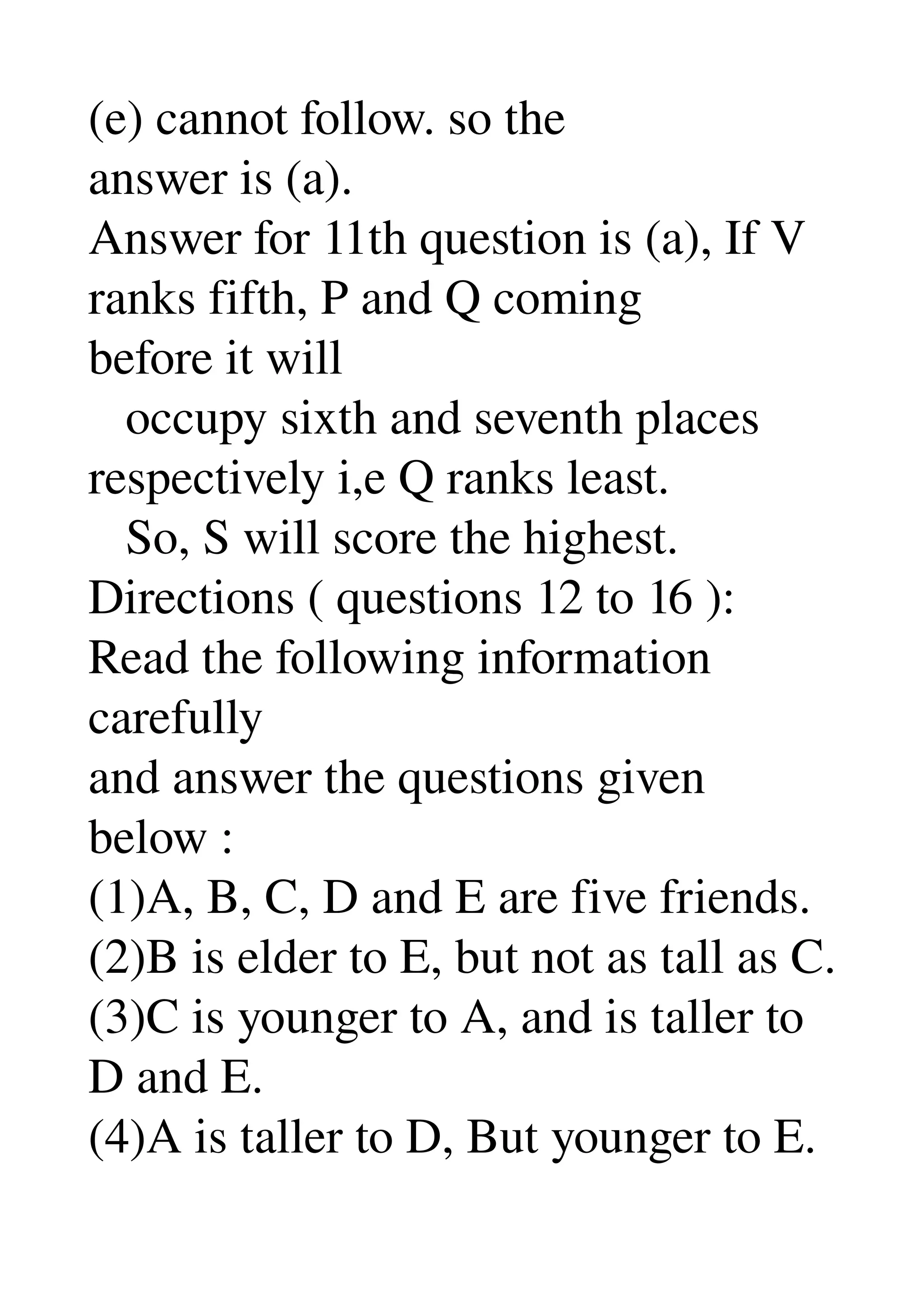 (e) cannot follow. so the 
answer is (a). 
Answer for 11th question is (a), If V 
ranks fifth, P and Q coming 
before it will 
   occupy sixth and seventh places 
respectively i,e Q ranks least. 
   So, S will score the highest. 
Directions ( questions 12 to 16 ): 
Read the following information 
carefully 
and answer the questions given 
below : 
(1)A, B, C, D and E are five friends. 
(2)B is elder to E, but not as tall as C. 
(3)C is younger to A, and is taller to 
D and E. 
(4)A is taller to D, But younger to E. 
 
