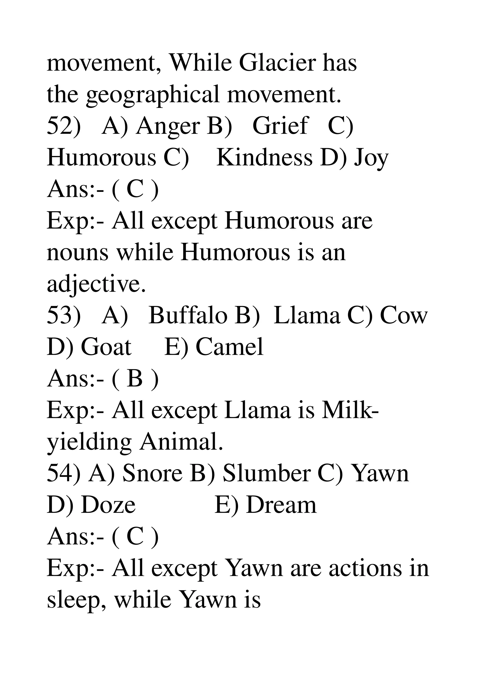 movement, While Glacier has 
the geographical movement. 
52)   A) Anger B)   Grief   C) 
Humorous C)    Kindness D) Joy 
Ans:­ ( C ) 
Exp:­ All except Humorous are 
nouns while Humorous is an 
adjective. 
53)   A)   Buffalo B)  Llama C) Cow 
D) Goat     E) Camel 
Ans:­ ( B ) 
Exp:­ All except Llama is Milk­
yielding Animal. 
54) A) Snore B) Slumber C) Yawn 
D) Doze            E) Dream 
Ans:­ ( C ) 
Exp:­ All except Yawn are actions in 
sleep, while Yawn is 
 