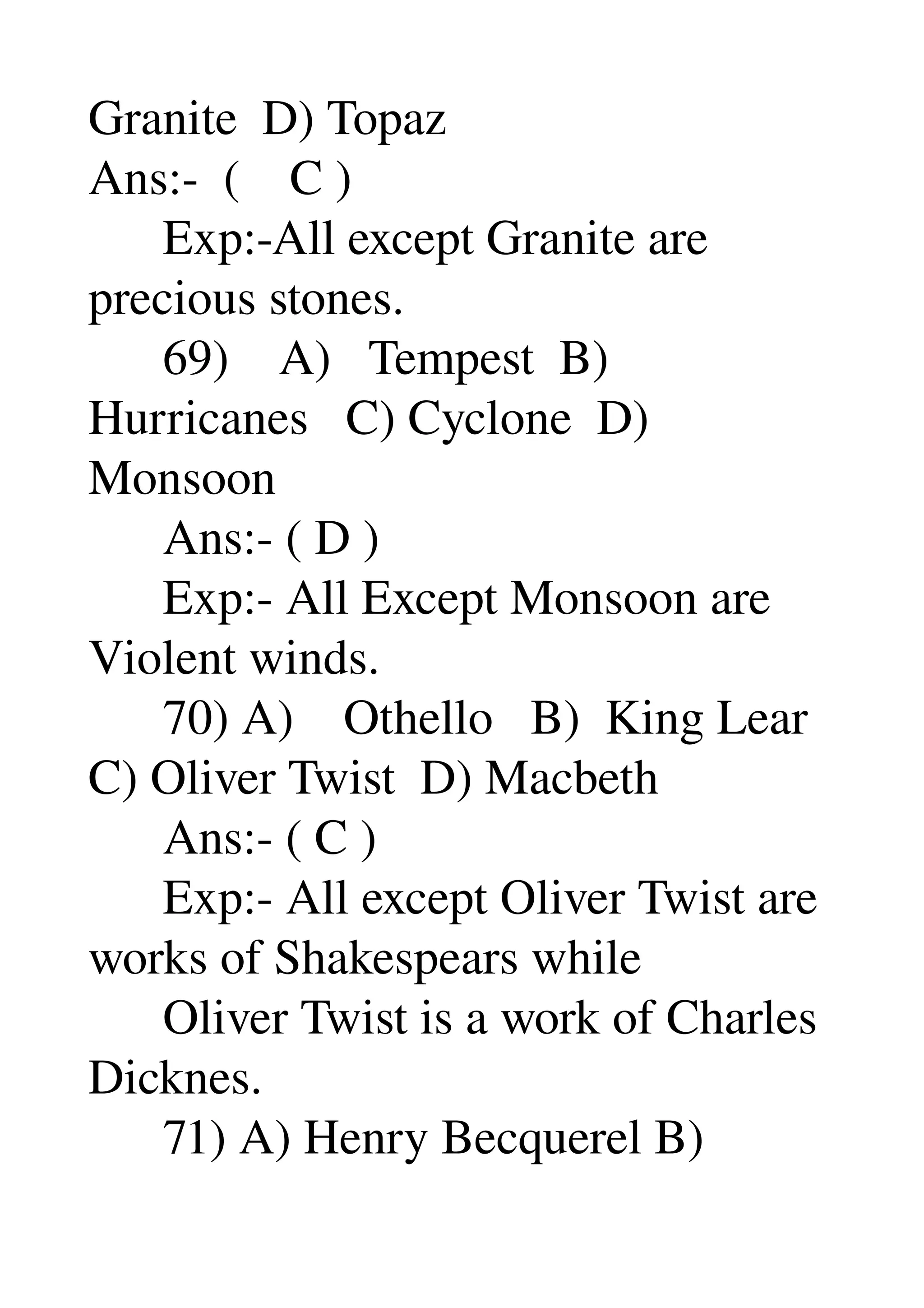 Granite  D) Topaz 
Ans:­  (    C ) 
      Exp:­All except Granite are 
precious stones. 
      69)    A)   Tempest  B) 
Hurricanes   C) Cyclone  D) 
Monsoon 
      Ans:­ ( D ) 
      Exp:­ All Except Monsoon are 
Violent winds. 
      70) A)    Othello   B)  King Lear 
C) Oliver Twist  D) Macbeth 
      Ans:­ ( C ) 
      Exp:­ All except Oliver Twist are 
works of Shakespears while 
      Oliver Twist is a work of Charles 
Dicknes. 
      71) A) Henry Becquerel B) 
 