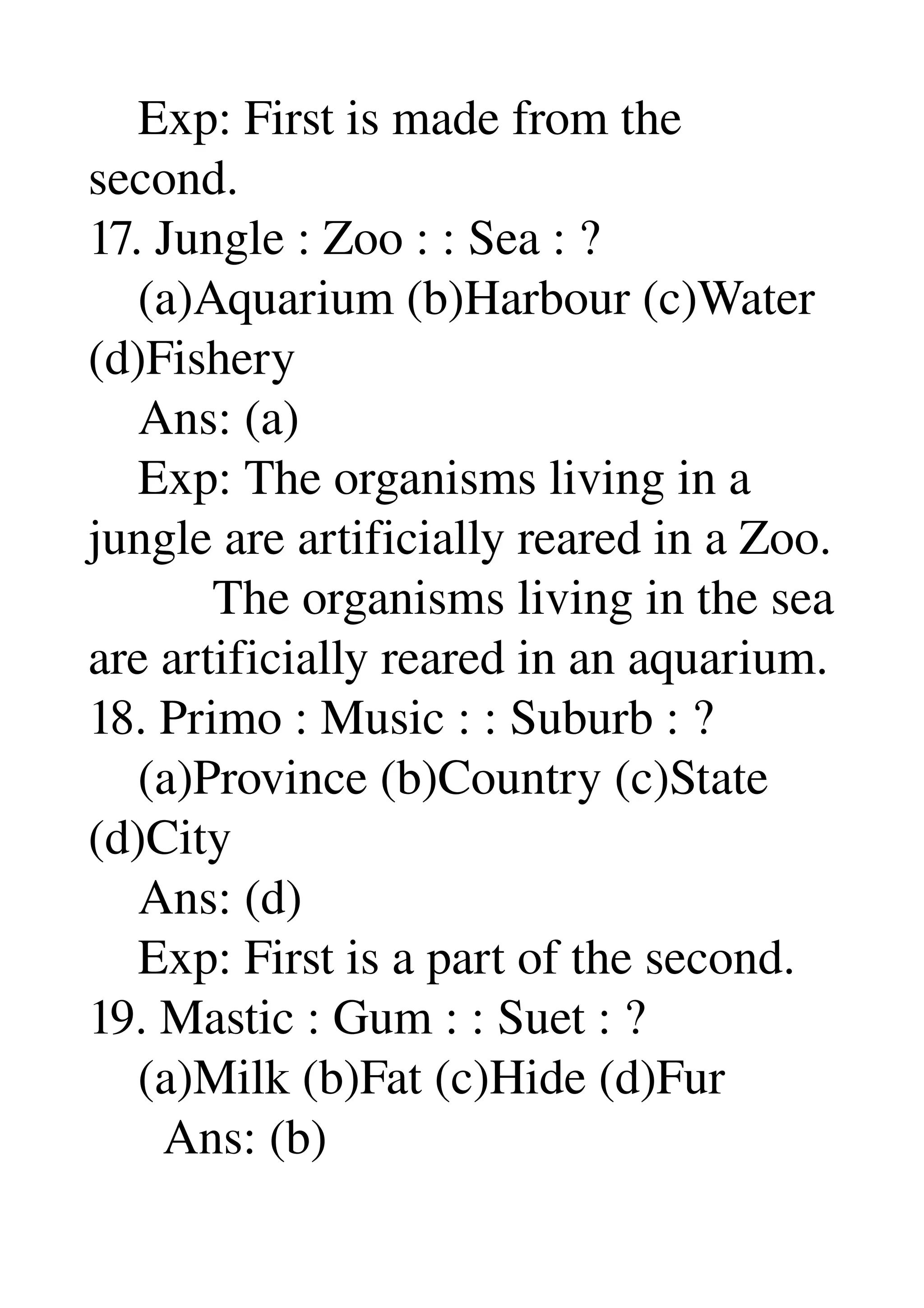     Exp: First is made from the 
second. 
17. Jungle : Zoo : : Sea : ? 
    (a)Aquarium (b)Harbour (c)Water 
(d)Fishery 
    Ans: (a) 
    Exp: The organisms living in a 
jungle are artificially reared in a Zoo. 
          The organisms living in the sea 
are artificially reared in an aquarium. 
18. Primo : Music : : Suburb : ? 
    (a)Province (b)Country (c)State 
(d)City 
    Ans: (d) 
    Exp: First is a part of the second. 
19. Mastic : Gum : : Suet : ? 
    (a)Milk (b)Fat (c)Hide (d)Fur 
      Ans: (b) 
 