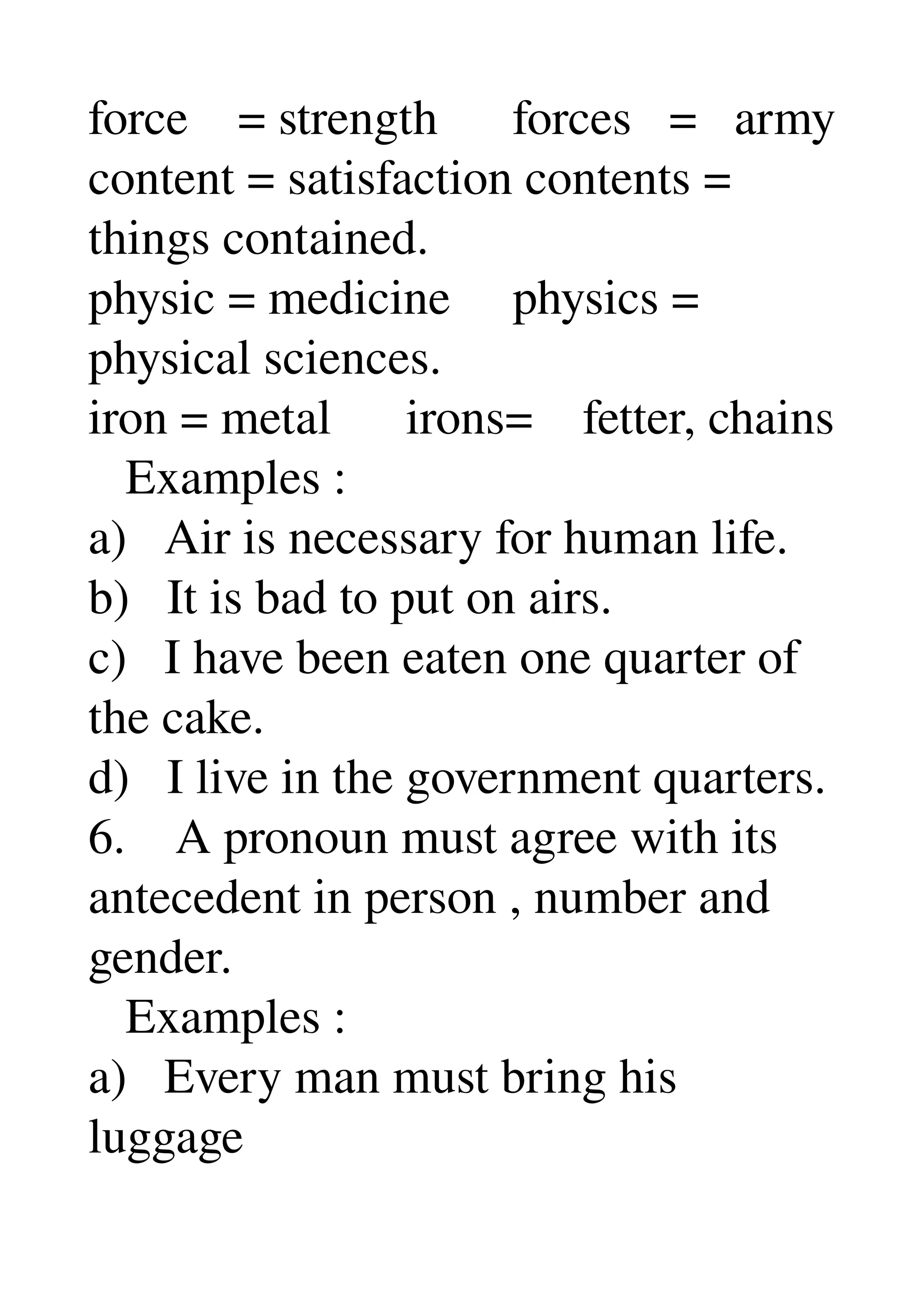 force    = strength      forces   =   army 
content = satisfaction contents = 
things contained. 
physic = medicine     physics = 
physical sciences. 
iron = metal      irons=    fetter, chains 
   Examples : 
a)   Air is necessary for human life. 
b)   It is bad to put on airs. 
c)   I have been eaten one quarter of 
the cake. 
d)   I live in the government quarters. 
6.    A pronoun must agree with its 
antecedent in person , number and 
gender. 
   Examples : 
a)   Every man must bring his 
luggage 
 