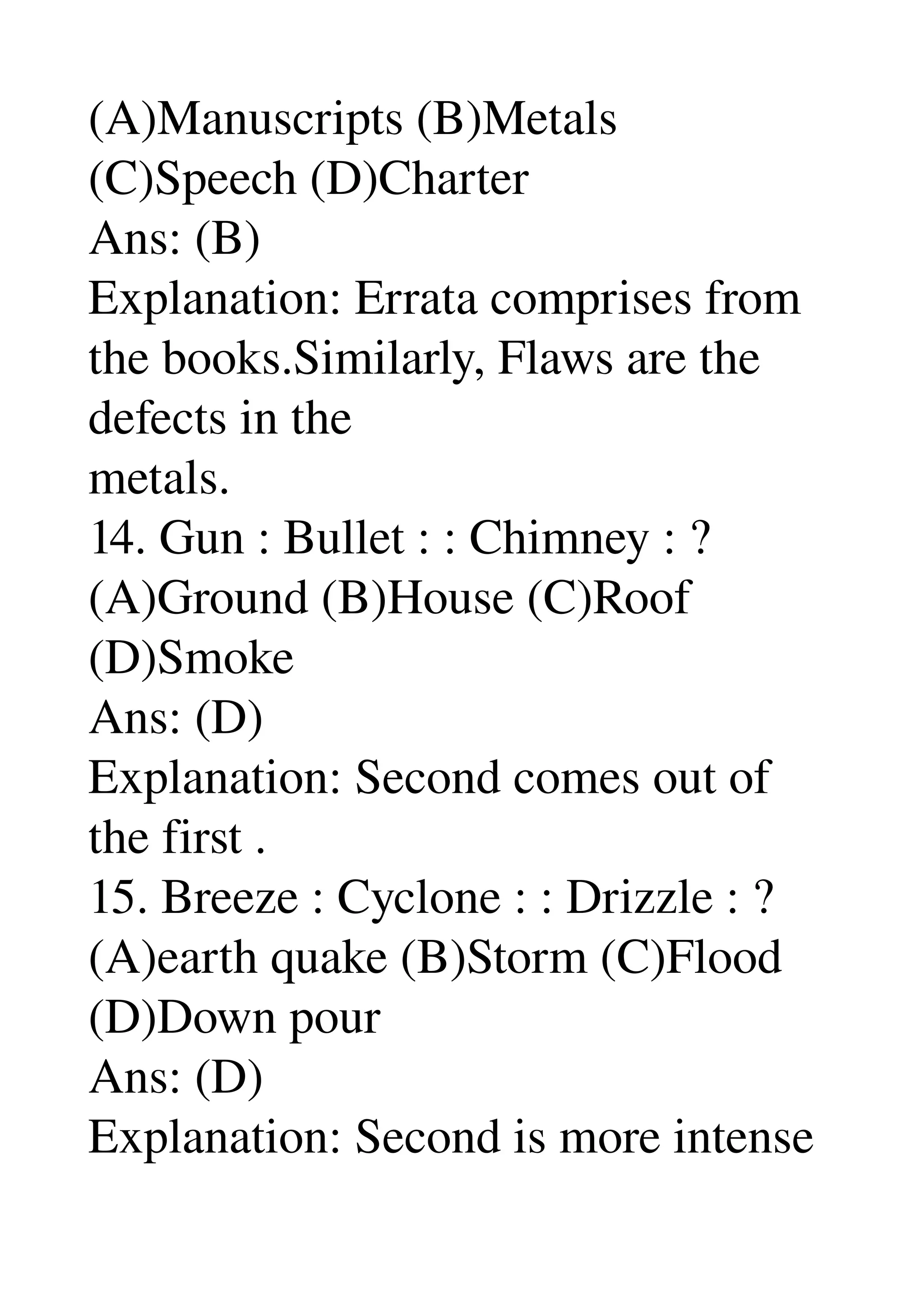 (A)Manuscripts (B)Metals 
(C)Speech (D)Charter 
Ans: (B) 
Explanation: Errata comprises from 
the books.Similarly, Flaws are the 
defects in the 
metals. 
14. Gun : Bullet : : Chimney : ? 
(A)Ground (B)House (C)Roof 
(D)Smoke 
Ans: (D) 
Explanation: Second comes out of 
the first . 
15. Breeze : Cyclone : : Drizzle : ? 
(A)earth quake (B)Storm (C)Flood 
(D)Down pour 
Ans: (D) 
Explanation: Second is more intense 
 