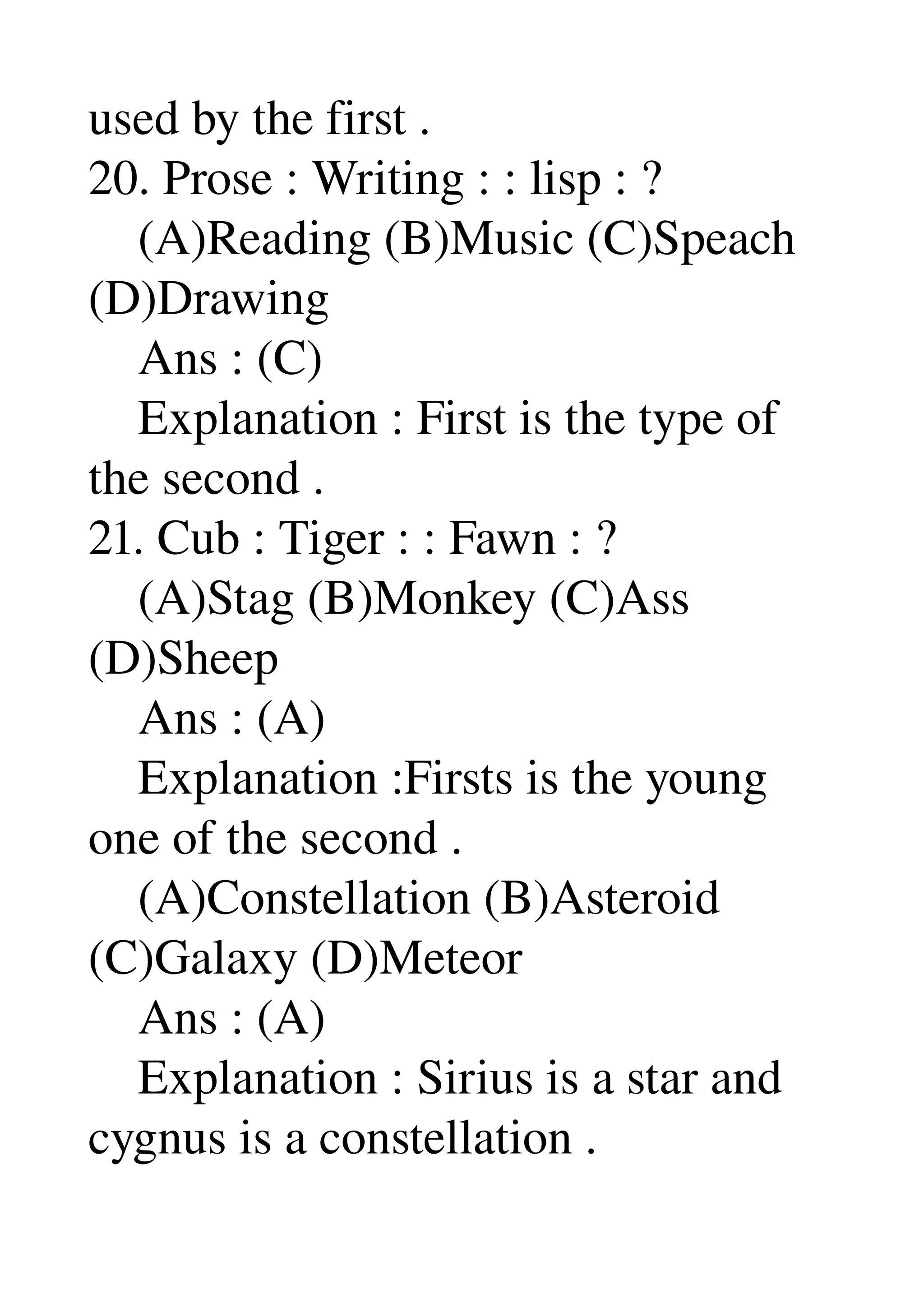 used by the first . 
20. Prose : Writing : : lisp : ? 
    (A)Reading (B)Music (C)Speach 
(D)Drawing 
    Ans : (C) 
    Explanation : First is the type of 
the second . 
21. Cub : Tiger : : Fawn : ? 
    (A)Stag (B)Monkey (C)Ass 
(D)Sheep 
    Ans : (A) 
    Explanation :Firsts is the young 
one of the second . 
    (A)Constellation (B)Asteroid 
(C)Galaxy (D)Meteor 
    Ans : (A) 
    Explanation : Sirius is a star and 
cygnus is a constellation . 
 