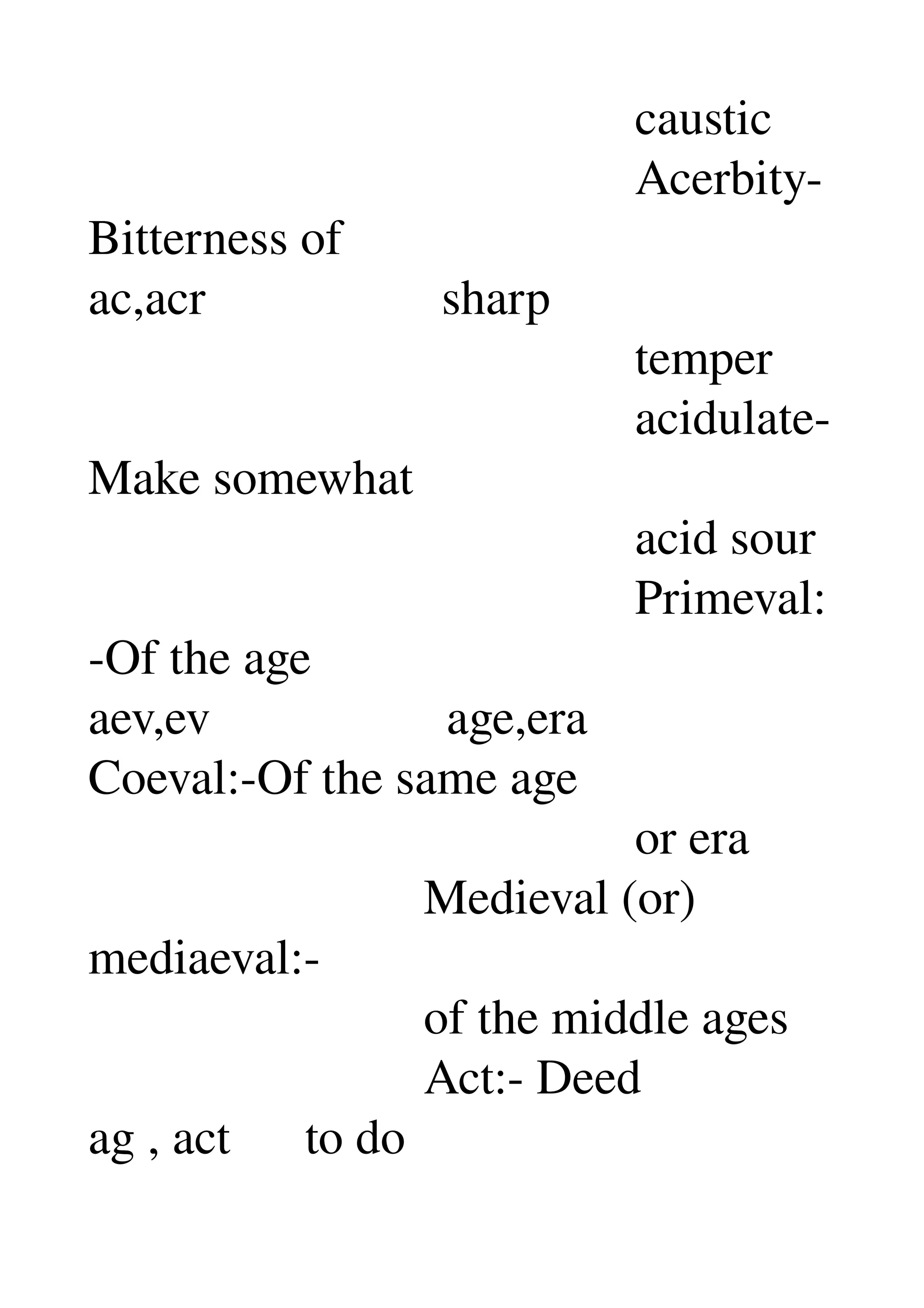                                             caustic 
                                            Acerbity­
Bitterness of 
ac,acr                   sharp 
                                            temper 
                                            acidulate­
Make somewhat 
                                            acid sour 
                                            Primeval:
­Of the age 
aev,ev                   age,era 
Coeval:­Of the same age 
                                            or era 
                           Medieval (or) 
mediaeval:­ 
                           of the middle ages 
                           Act:­ Deed 
ag , act      to do 
 