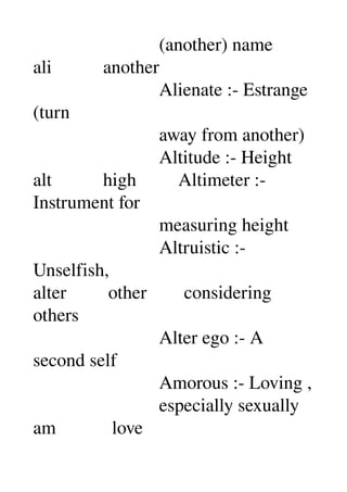                            (another) name 
ali           another 
                           Alienate :­ Estrange 
(turn 
                           away from another) 
                           Altitude :­ Height 
alt           high         Altimeter :­ 
Instrument for 
                           measuring height 
                           Altruistic :­ 
Unselfish, 
alter         other        considering 
others 
                           Alter ego :­ A 
second self 
                           Amorous :­ Loving , 
                           especially sexually 
am            love 
 