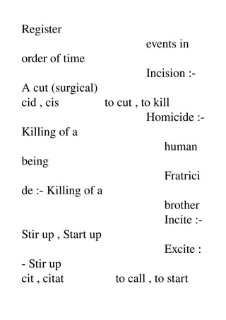 Register 
                                         events in 
order of time 
                                         Incision :­ 
A cut (surgical) 
cid , cis               to cut , to kill 
                                         Homicide :­ 
Killing of a 
                                               human 
being 
                                               Fratrici
de :­ Killing of a 
                                               brother 
                                               Incite :­ 
Stir up , Start up 
                                               Excite :
­ Stir up 
cit , citat                 to call , to start 
 