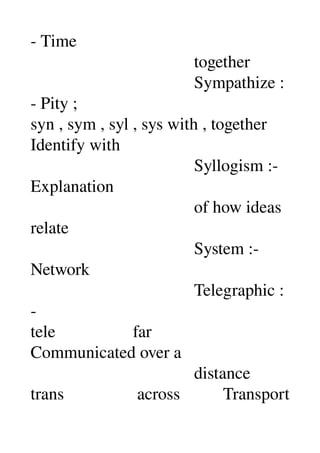 ­ Time 
                                      together 
                                      Sympathize :
­ Pity ; 
syn , sym , syl , sys with , together 
Identify with 
                                      Syllogism :­ 
Explanation 
                                      of how ideas 
relate 
                                      System :­ 
Network 
                                      Telegraphic :
­ 
tele                  far 
Communicated over a 
                                      distance 
trans                 across          Transport 
 
