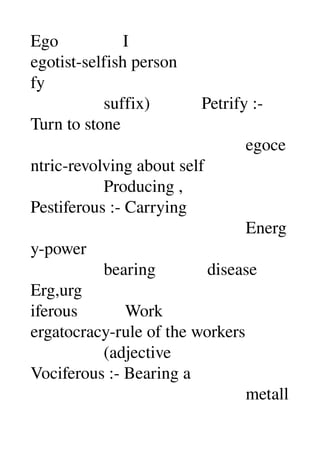 Ego               I 
egotist­selfish person 
fy 
                 suffix)            Petrify :­ 
Turn to stone 
                                                  egoce
ntric­revolving about self 
                 Producing , 
Pestiferous :­ Carrying 
                                                  Energ
y­power 
                 bearing            disease 
Erg,urg 
iferous           Work 
ergatocracy­rule of the workers 
                 (adjective 
Vociferous :­ Bearing a 
                                                  metall
 
