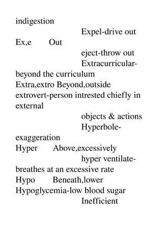 indigestion 
                              Expel­drive out 
Ex,e        Out 
                              eject­throw out 
                              Extracurricular­
beyond the curriculum 
Extra,extro Beyond,outside 
extrovert­person intrested chiefly in 
external 
                              objects & actions 
                              Hyperbole­
exaggeration 
Hyper       Above,excessively 
                              hyper ventilate­
breathes at an excessive rate 
Hypo        Beneath,lower 
Hypoglycemia­low blood sugar 
                              Inefficient 
 