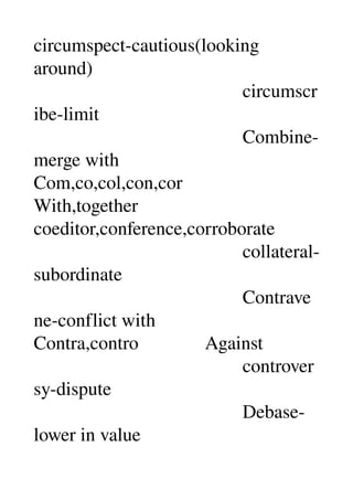 circumspect­cautious(looking 
around) 
                                            circumscr
ibe­limit 
                                            Combine­
merge with 
Com,co,col,con,cor 
With,together 
coeditor,conference,corroborate 
                                            collateral­
subordinate 
                                            Contrave
ne­conflict with 
Contra,contro              Against 
                                            controver
sy­dispute 
                                            Debase­
lower in value 
 