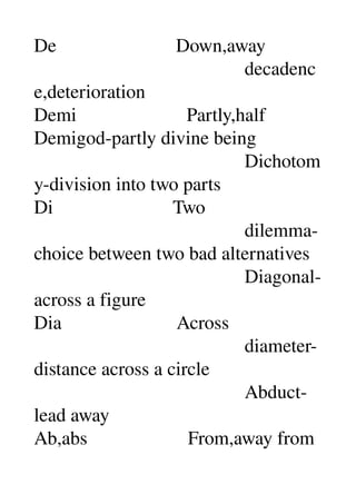 De                         Down,away 
                                            decadenc
e,deterioration 
Demi                       Partly,half 
Demigod­partly divine being 
                                            Dichotom
y­division into two parts 
Di                         Two 
                                            dilemma­
choice between two bad alternatives 
                                            Diagonal­
across a figure 
Dia                        Across 
                                            diameter­
distance across a circle 
                                            Abduct­
lead away 
Ab,abs                     From,away from 
 