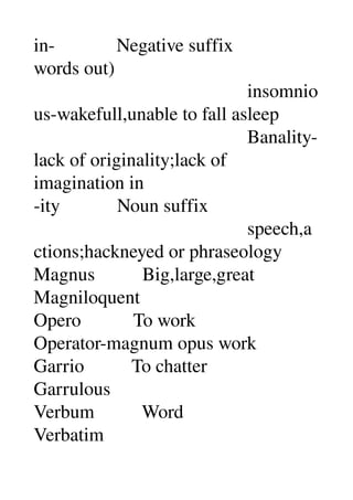 in­             Negative suffix 
words out) 
                                             insomnio
us­wakefull,unable to fall asleep 
                                             Banality­
lack of originality;lack of 
imagination in 
­ity            Noun suffix 
                                             speech,a
ctions;hackneyed or phraseology 
Magnus          Big,large,great 
Magniloquent 
Opero           To work 
Operator­magnum opus work 
Garrio          To chatter 
Garrulous 
Verbum          Word 
Verbatim 
 