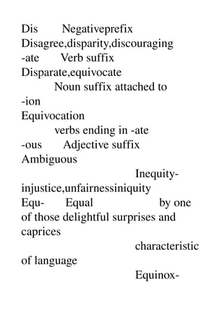 Dis        Negativeprefix 
Disagree,disparity,discouraging 
­ate       Verb suffix 
Disparate,equivocate 
           Noun suffix attached to 
­ion 
Equivocation 
           verbs ending in ­ate 
­ous       Adjective suffix 
Ambiguous 
                                      Inequity­
injustice,unfairnessiniquity 
Equ­       Equal                      by one 
of those delightful surprises and 
caprices 
                                      characteristic 
of language 
                                      Equinox­
 