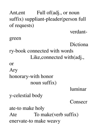 Ant,ent         Full of(adj., or noun 
suffix) suppliant­pleader(person full 
of requests) 
                                              verdant­
green 
                                              Dictiona
ry­book connected with words 
                Like,connected with(adj., 
or 
Ary 
honorary­with honor 
                noun suffix) 
                                              luminar
y­celestial body 
                                              Consecr
ate­to make holy 
Ate             To make(verb suffix) 
enervate­to make weavy 
 