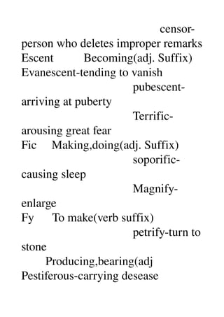                                               censor­
person who deletes improper remarks 
Escent          Becoming(adj. Suffix) 
Evanescent­tending to vanish 
                                     pubescent­
arriving at puberty 
                                     Terrific­
arousing great fear 
Fic     Making,doing(adj. Suffix) 
                                     soporific­
causing sleep 
                                     Magnify­
enlarge 
Fy      To make(verb suffix) 
                                     petrify­turn to 
stone 
        Producing,bearing(adj 
Pestiferous­carrying desease 
 