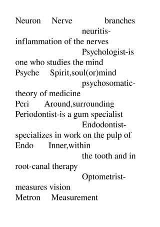 Neuron     Nerve               branches 
                               neuritis­
inflammation of the nerves 
                               Psychologist­is 
one who studies the mind 
Psyche     Spirit,soul(or)mind 
                               psychosomatic­
theory of medicine 
Peri       Around,surrounding 
Periodontist­is a gum specialist 
                               Endodontist­
specializes in work on the pulp of 
Endo       Inner,within 
                               the tooth and in 
root­canal therapy 
                               Optometrist­
measures vision 
Metron     Measurement 
 