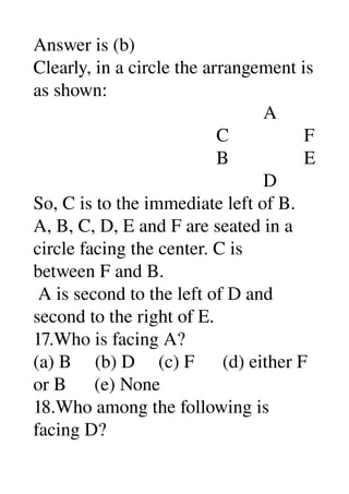 Answer is (b) 
Clearly, in a circle the arrangement is 
as shown: 
                                                 A 
                                       C                F 
                                       B                E 
                                                 D 
So, C is to the immediate left of B. 
A, B, C, D, E and F are seated in a 
circle facing the center. C is 
between F and B. 
 A is second to the left of D and 
second to the right of E. 
17.Who is facing A? 
(a) B     (b) D     (c) F      (d) either F 
or B      (e) None 
18.Who among the following is 
facing D? 
 