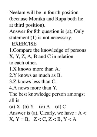 Neelam will be in fourth position 
(because Monika and Rupa both lie 
at third position). 
Answer for 8th question is (a), Only 
statement (1) is not necessary. 
  EXERCISE 
1.Compare the knowledge of persons 
X, Y, Z, A, B and C in relation 
to each other. 
1.X knows more than A. 
2.Y knows as much as B. 
3.Z knows less than C. 
4.A nows more than Y. 
The best knowledge person amongst 
all is: 
(a) X  (b) Y    (c) A    (d) C 
Answer is (a), Clearly, we have : A < 
X, Y = B,   Z < C, Z < B, Y < A 
 