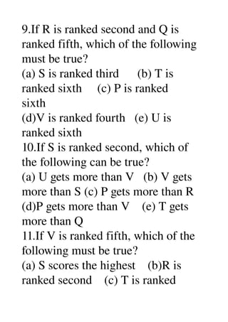 9.If R is ranked second and Q is 
ranked fifth, which of the following 
must be true? 
(a) S is ranked third      (b) T is 
ranked sixth     (c) P is ranked 
sixth 
(d)V is ranked fourth   (e) U is 
ranked sixth 
10.If S is ranked second, which of 
the following can be true? 
(a) U gets more than V   (b) V gets 
more than S (c) P gets more than R 
(d)P gets more than V    (e) T gets 
more than Q 
11.If V is ranked fifth, which of the 
following must be true? 
(a) S scores the highest    (b)R is 
ranked second    (c) T is ranked 
 