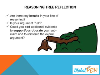 REASONING TREE REFLECTION
ü  Are there any breaks in your line of
reasoning?
ü  Is your argument ‘full’?
ü  Could you add additional evidence to
support/corroborate your sub-claim
and to reinforce the overall
argument?
 
