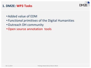 1. DM2E: WP3 Tasks
•Added value of EDM
•Functional primitives of the Digital Humanities
•Outreach DH community
•Open source annotation tools
Putting Linked Library Data to Work18.11.2014
 