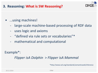 3. Reasoning: What is SW Reasoning?
• ...using machines!
- large-scale machine-based processing of RDF data
- uses logic and axioms
- “defined via rule sets or vocabularies”*
- mathematical and computational
Example*:
Flipper isA Dolphin > Flipper isA Mammal
*http://www.w3.org/standards/semanticweb/inference
STRiX24.11.2014
 
