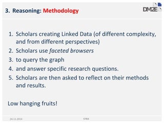 3. Reasoning: Methodology
1. Scholars creating Linked Data (of different complexity,
and from different perspectives)
2. Scholars use faceted browsers
3. to query the graph
4. and answer specific research questions.
5. Scholars are then asked to reflect on their methods
and results.
Low hanging fruits!
STRiX24.11.2014
 