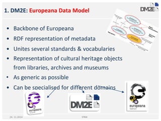 1. DM2E: Europeana Data Model
• Backbone of Europeana
• RDF representation of metadata
• Unites several standards & vocabularies
• Representation of cultural heritage objects
from libraries, archives and museums
• As generic as possible
• Can be specialised for different domains
STRiX24. 11.2014
 