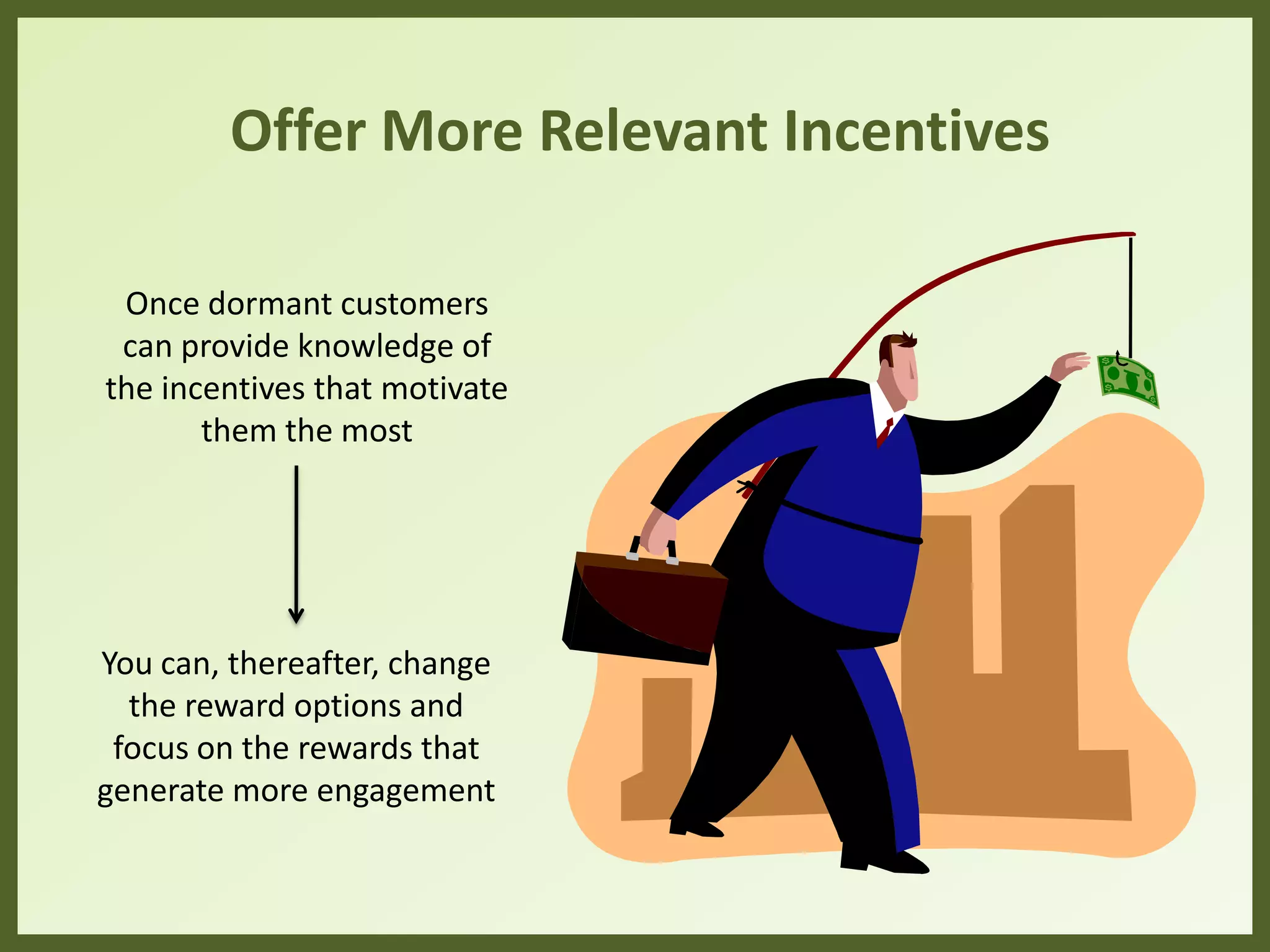 Offer More Relevant Incentives
Once dormant customers
can provide knowledge on
the incentives that motivate
them the most
You can, thereafter, change
the reward options and
focus on the rewards that
generate more engagement
 