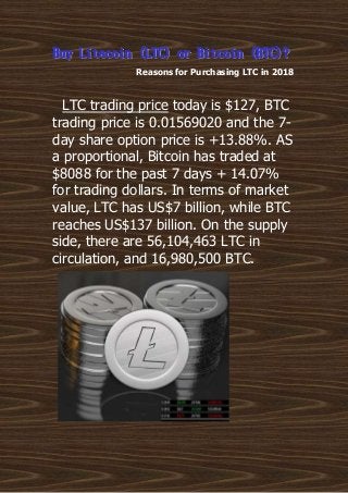 Reasons for Purchasing LTC in 2018
LTC trading price today is $127, BTC
trading price is 0.01569020 and the 7-
day share option price is +13.88%. AS
a proportional, Bitcoin has traded at
$8088 for the past 7 days + 14.07%
for trading dollars. In terms of market
value, LTC has US$7 billion, while BTC
reaches US$137 billion. On the supply
side, there are 56,104,463 LTC in
circulation, and 16,980,500 BTC.
 