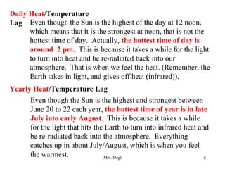 Mrs. Degl 8
Daily Heat/Temperature
Lag Even though the Sun is the highest of the day at 12 noon,
which means that it is the strongest at noon, that is not the
hottest time of day. Actually, the hottest time of day is
around 2 pm. This is because it takes a while for the light
to turn into heat and be re-radiated back into our
atmosphere. That is when we feel the heat. (Remember, the
Earth takes in light, and gives off heat (infrared)).
Yearly Heat/Temperature Lag
Even though the Sun is the highest and strongest between
June 20 to 22 each year, the hottest time of year is in late
July into early August. This is because it takes a while
for the light that hits the Earth to turn into infrared heat and
be re-radiated back into the atmosphere. Everything
catches up in about July/August, which is when you feel
the warmest.
 