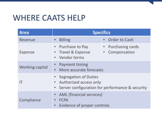 WHERE CAATS HELP
Area Specifics
Revenue • Billing • Order to Cash
Expense
• Purchase to Pay
• Travel & Expense
• Vendor terms
• Purchasing cards
• Compensation
Working capital
• Payment timing
• More accurate forecasts
IT
• Segregation of Duties
• Authorized access only
• Server configuration for performance & security
Compliance
• AML (financial services)
• FCPA
• Evidence of proper controls
 