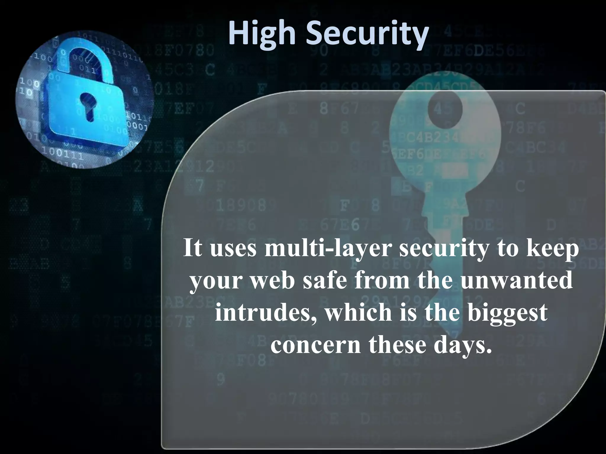 High Security
It uses multi-layer security to keep
your web safe from the unwanted
intrudes, which is the biggest
concern these days.
 