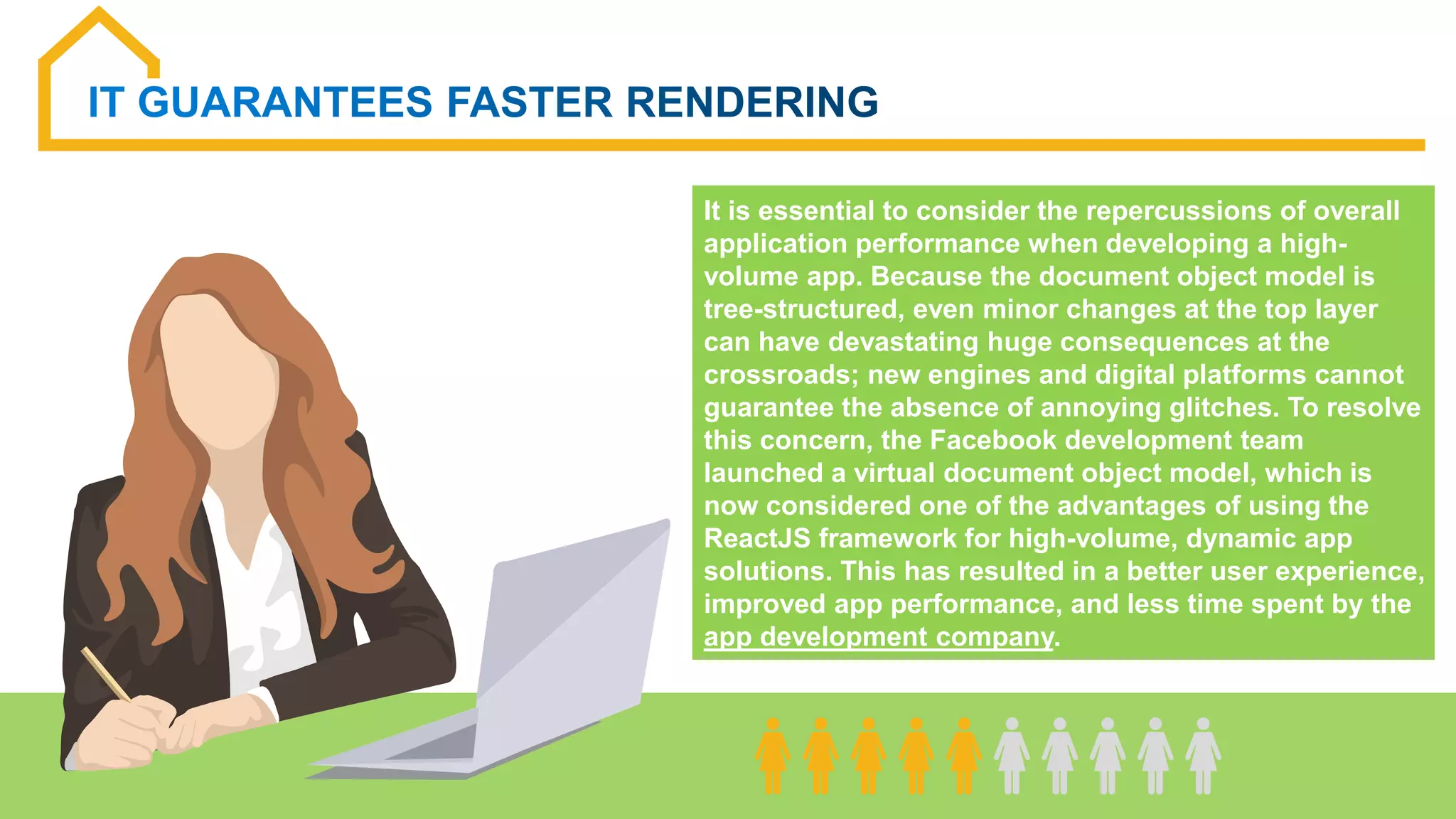 It is essential to consider the repercussions of overall
application performance when developing a high-
volume app. Because the document object model is
tree-structured, even minor changes at the top layer
can have devastating huge consequences at the
crossroads; new engines and digital platforms cannot
guarantee the absence of annoying glitches. To resolve
this concern, the Facebook development team
launched a virtual document object model, which is
now considered one of the advantages of using the
ReactJS framework for high-volume, dynamic app
solutions. This has resulted in a better user experience,
improved app performance, and less time spent by the
app development company.
 
