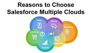Reasons to Choose
Salesforce Multiple Clouds
Sales Service
Marketing
Community
Commerce
Analytic
 